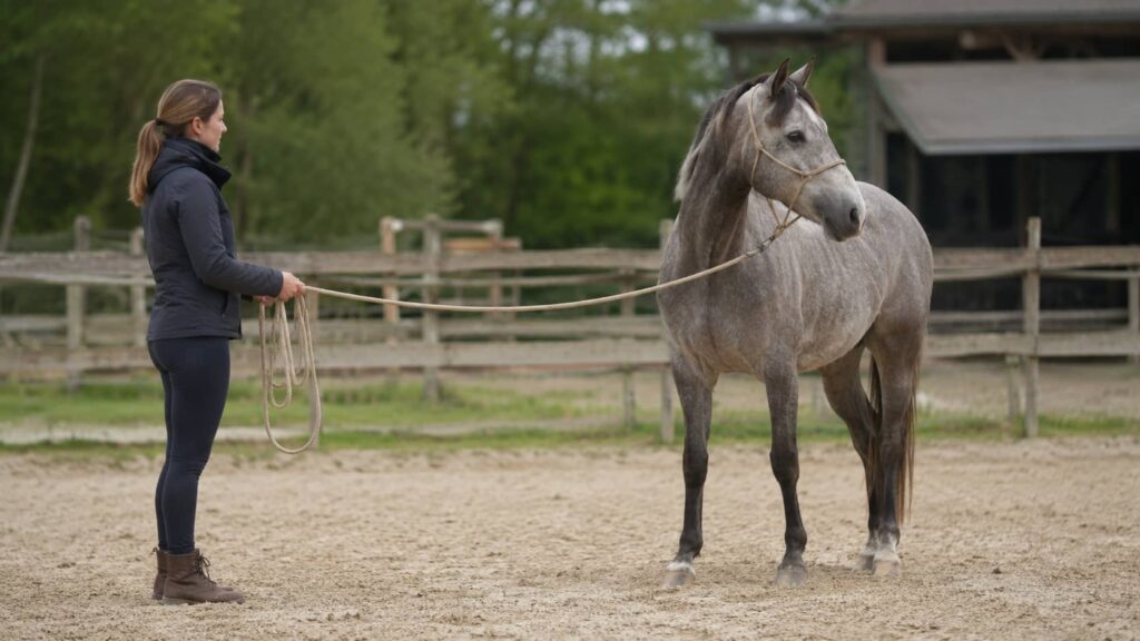Cavalier à pied avec son cheval dans une situation d’éducation illustrant un comportement souvent interprété comme un test.