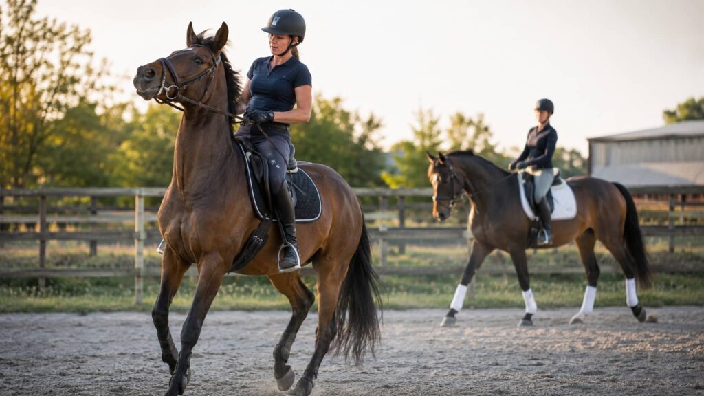 Cheval montrant des signes de tension sous la selle avec un cavalier lors d'une séance de travail.