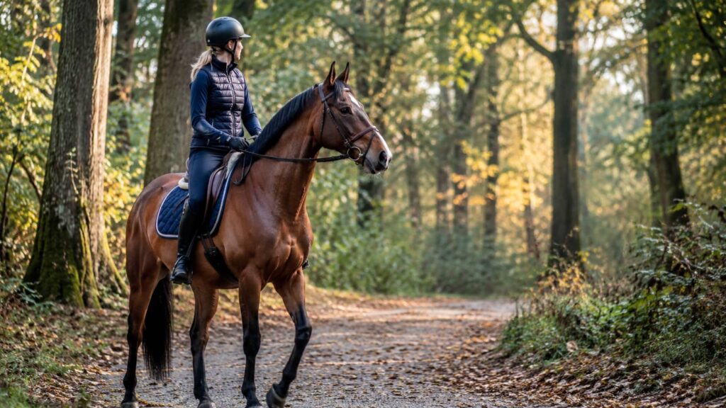 Cheval qui chauffe en extérieur montrant les premiers signes de tension avant une accélération.